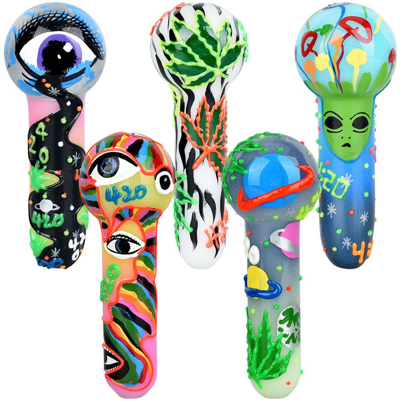 420 Painted Glow In The Dark Glass Hand Pipe - 5" / Assorted Designs 6CT - Headshop.com