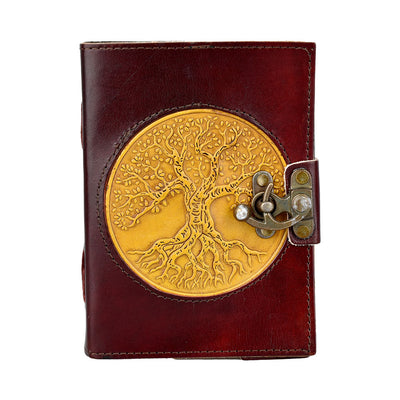 Tree Of Life Sewn Leather Inlay Journal w/ Metal Closure - 5" x 7" - Headshop.com