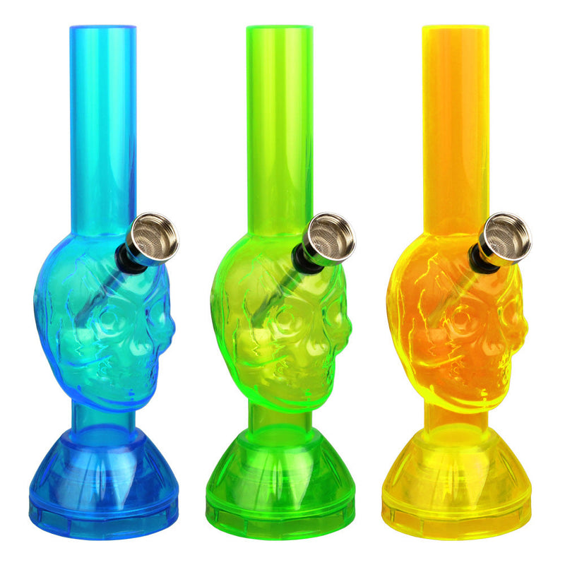 Mini Acrylic Skull Water Pipe w/ Built in Grinder Base - 7" - Headshop.com