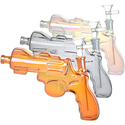 Revolver Handgun Electroplated Glass Water Pipe - 8" / 14mm F / Colors Vary - Headshop.com