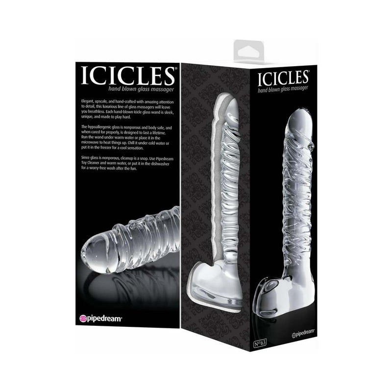 Pipedream Icicles No. 63 Ribbed Realistic 8.5 in. Glass Dildo Clear