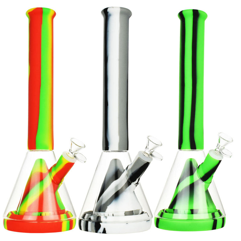 Striped Silicone & Glass Water Pipe - 14"/14mm F/Colors Vary - Headshop.com