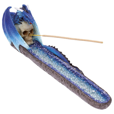 Fujima Blue Dragon on Skull Crystal Stick & Cone Polyresin Incense Burner - 11" - Headshop.com