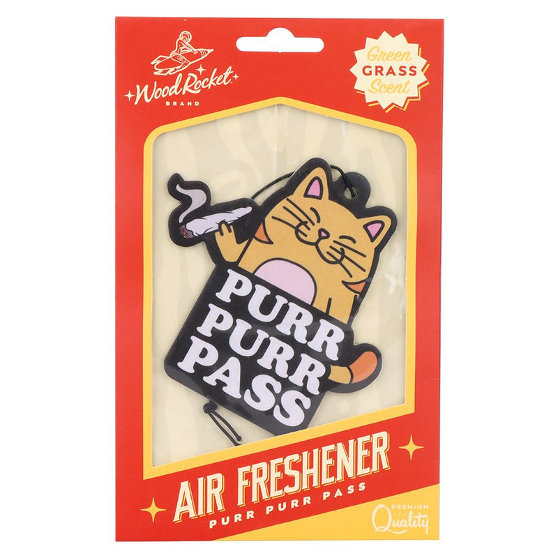 Wood Rocket Car Air Freshener - Purr Purr Pass / Grass Scent / 3.5"x3.5"