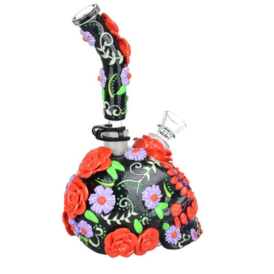 Heavy Flowered Sugar Skull Glass Water Pipe - 10" / 19mm F - Headshop.com