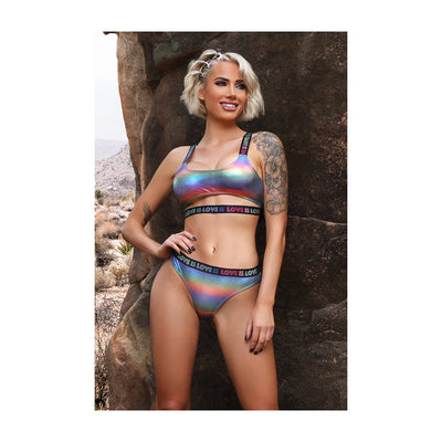 Fantasy Lingerie Vibes Love is Love Underboob Cutout Top & Cheeky Panty Rainbow Holo S/M - Headshop.com