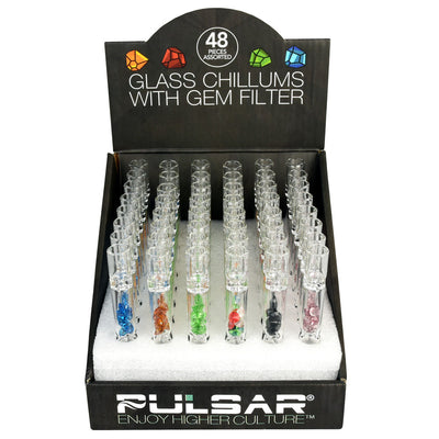 Pulsar Glass Chillums w/ Gem Filter- 4"/Asst - 48PC DISPLAY - Headshop.com