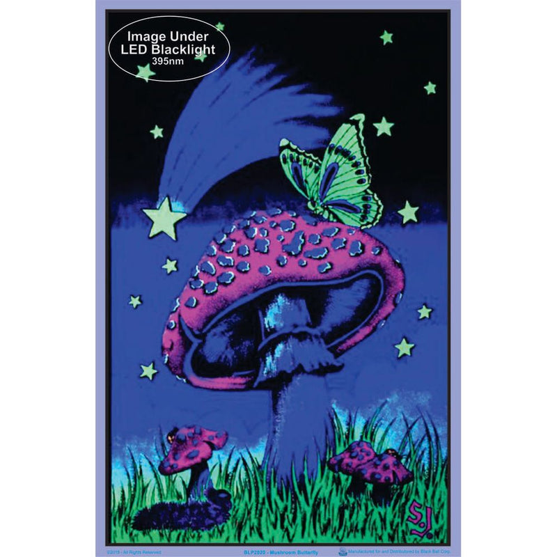 Mushroom Butterflies Blacklight Poster - 23" x 35"