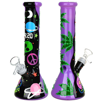 420 Beam Me Up Beaker Glow In The Dark Glass Water Pipe - 9.5" / 14mm F - Headshop.com