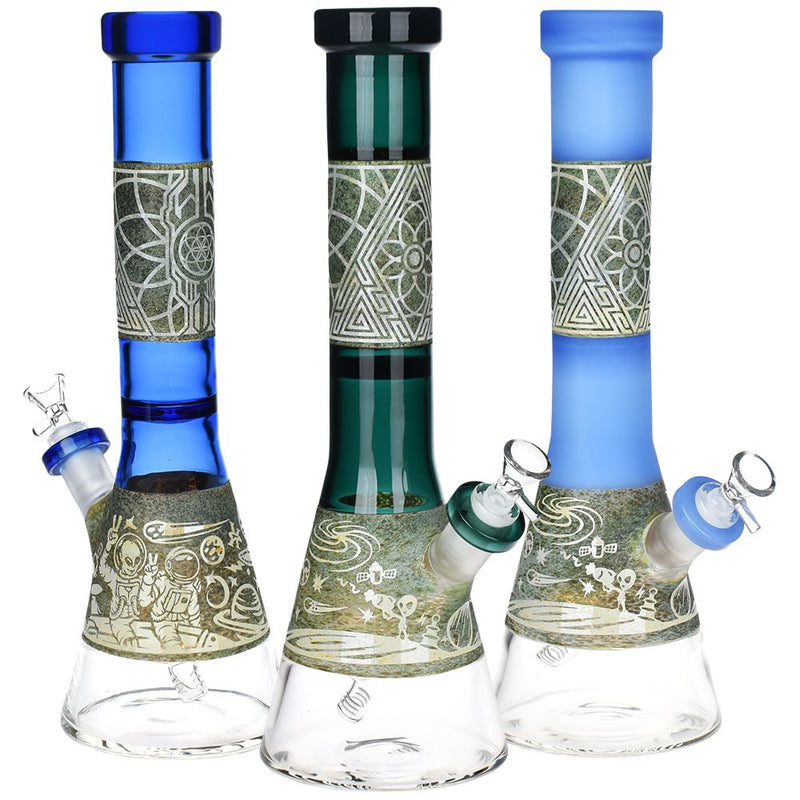 Alien Cosmos Etched Beaker Glass Water Pipe - 14.75" / 14mm F / Colors Vary