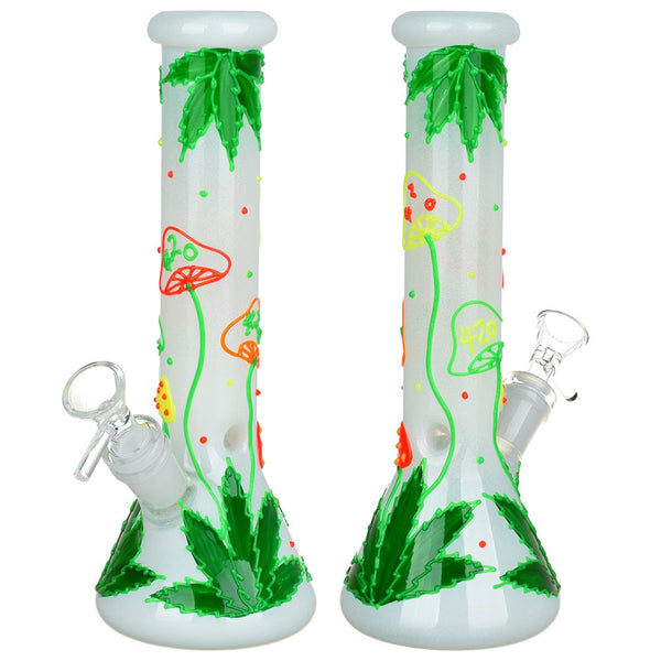 Hemp Leaf & Shrooms Glow In The Dark Bong - 9.5" / 14mm F