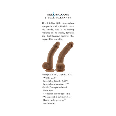 Selopa Natural Feel Flexskin Bendable Dildo with Moving Material 7 in. Dark