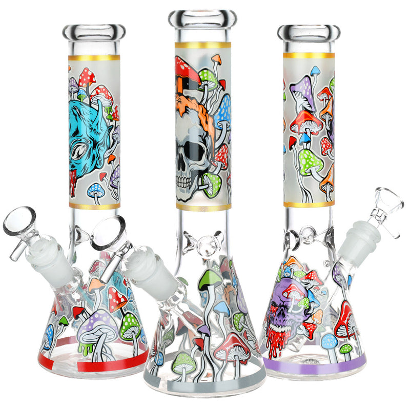 Monsters And Shrooms Glow Glass Beaker Water Pipe - 10" / 14mm F / Designs Vary - Headshop.com