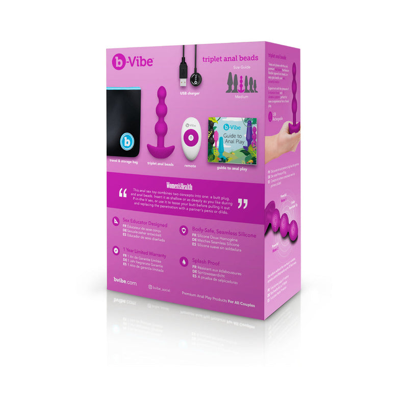 b-Vibe Triplet Rechargeable Remote-Controlled Vibrating Anal Beads Plug Fuchsia