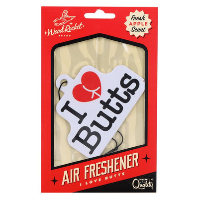 Wood Rocket Car Air Freshener - I Heart Butts / Apple Scent / 4"x3"