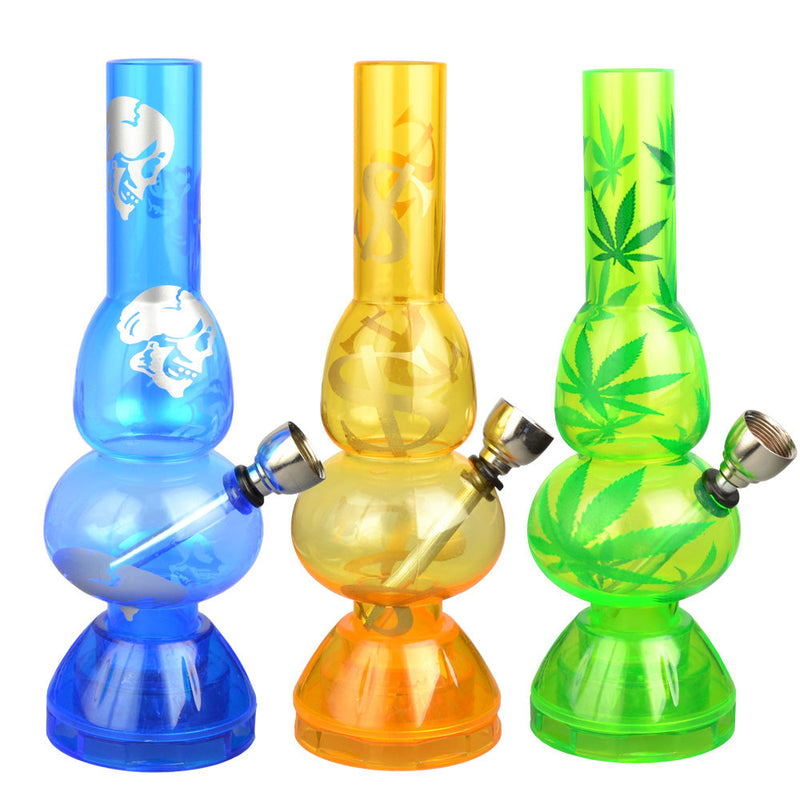 Mini Acrylic 2 Bubble Water Pipe w/ Built in Grinder Base - 6.75" / Assorted Designs - Headshop.com