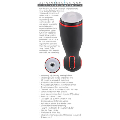 Zero Tolerance Tight Squeeze Rechargeable Vibrating Squeezing Talking Stroker TPE Black/Red