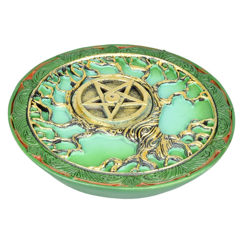 Tree of Life Pentagram Polyresin Round Incense Burner - 4.75"