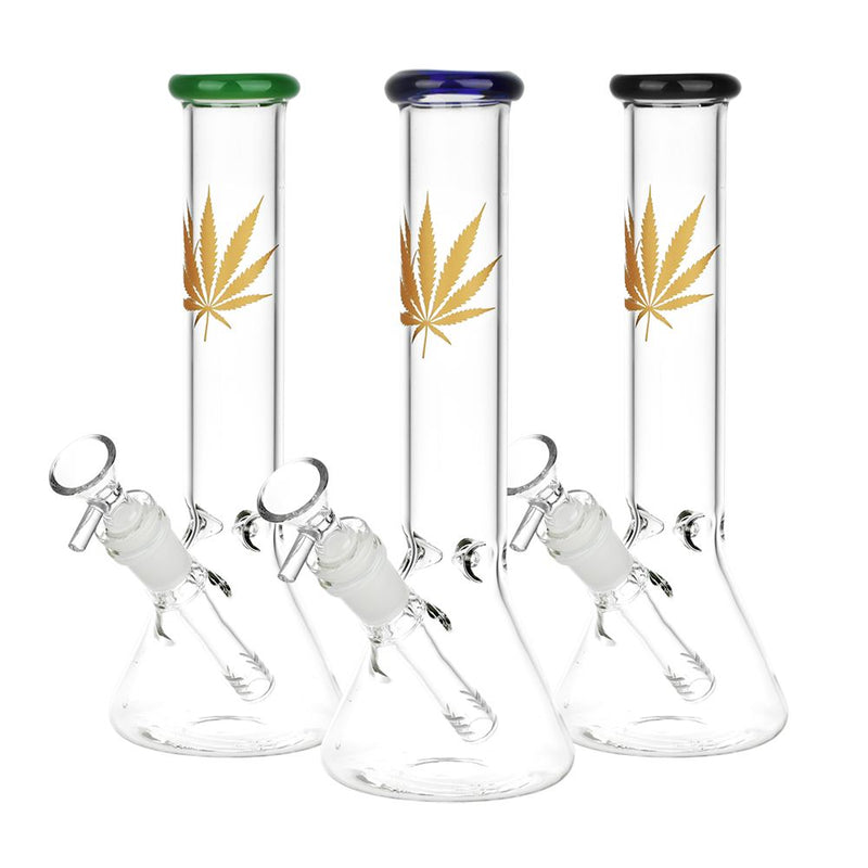 Gold Hemp Leaf Glass Beaker Water Pipe | 14mm F | Colors Vary - Headshop.com