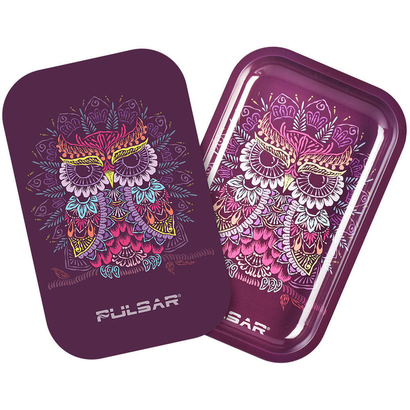 Pulsar Metal Rolling Tray w/ Lid - 11"x7" / Owl Mandala - Headshop.com