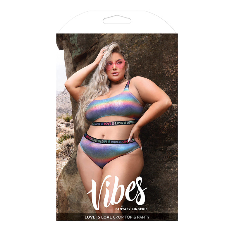 Fantasy Lingerie Vibes Love is Love Underboob Cutout Top & Cheeky Panty Rainbow Holo Queen Size - Headshop.com