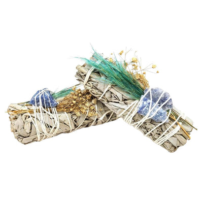 White Sage Floral Smudge Stick & Crystal Stone Bundle | 4"