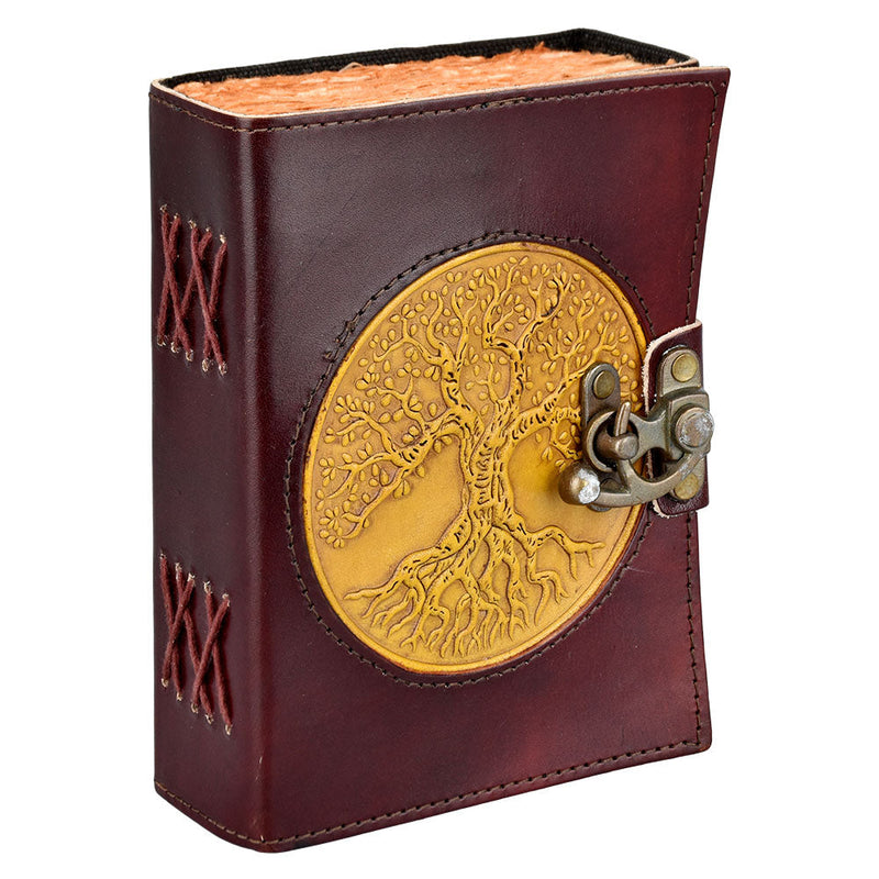 Tree Of Life Sewn Leather Inlay Journal w/ Metal Closure - 5" x 7" - Headshop.com