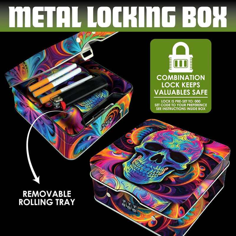 6CT DISPLAY - Smokezilla Metal Combo Lock Box & Mini Rolling Tray - 5"x5" / Assorted Designs - Headshop.com