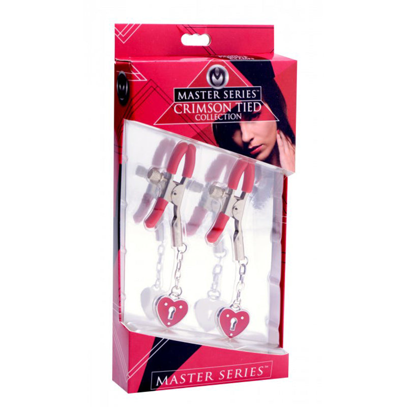 Masters Crimson Tied Charmed Heart Padlock Nipple Clamps