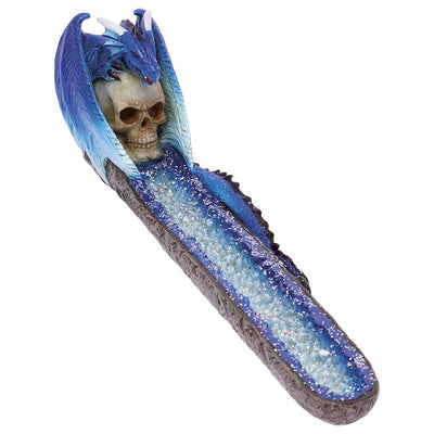 Fujima Blue Dragon on Skull Crystal Stick & Cone Polyresin Incense Burner - 11" - Headshop.com