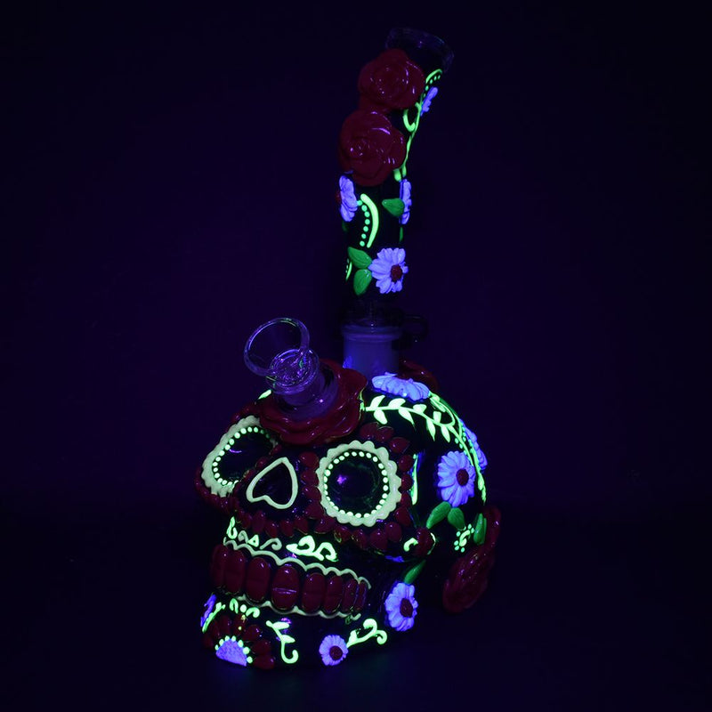 Heavy Flowered Sugar Skull Glass Water Pipe - 10" / 19mm F - Headshop.com