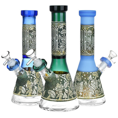 Mushroom Melange Etched Beaker Glass Water Pipe - 9" / 14mm F - Headshop.com