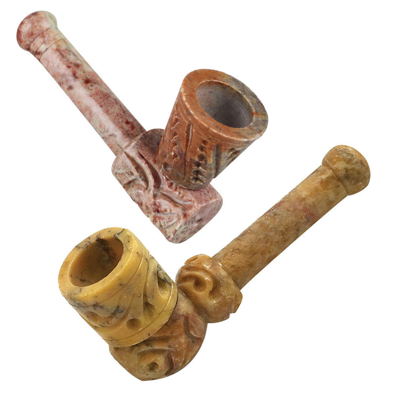 6PC - Chimney Carved Stone Pipe - 3.5" / Assorted Styles - Headshop.com