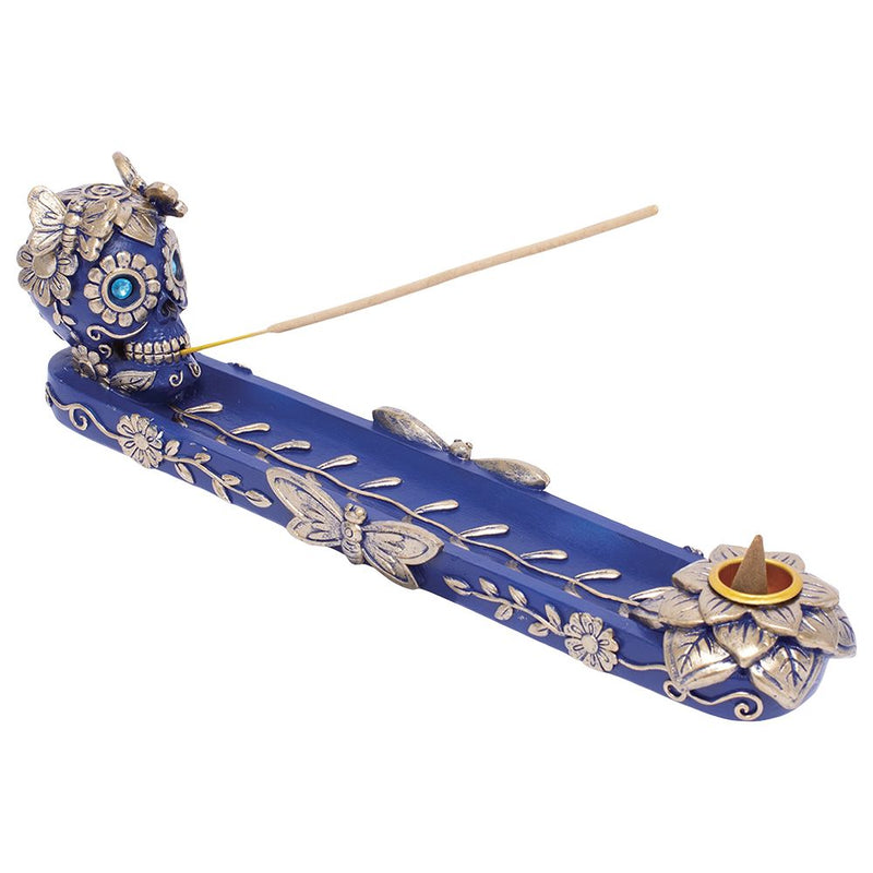 Fujima Golden Blue Skull & Butterfly Stick & Cone Polyresin Incense Burner - 11" - Headshop.com