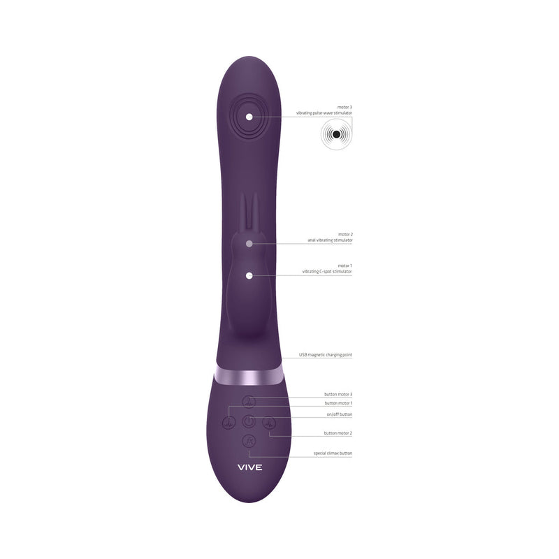 VIVE RINI Rechargeable Triple-Motor Pulse-Wave Dual Entry Silicone Rabbit Vibrator Purple