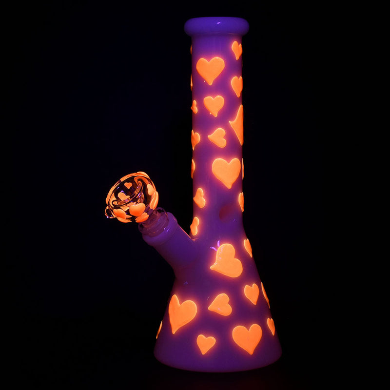 Valentines Day Heart Glow In The Dark Beaker Water Pipe - 10" / 14mm F - Headshop.com