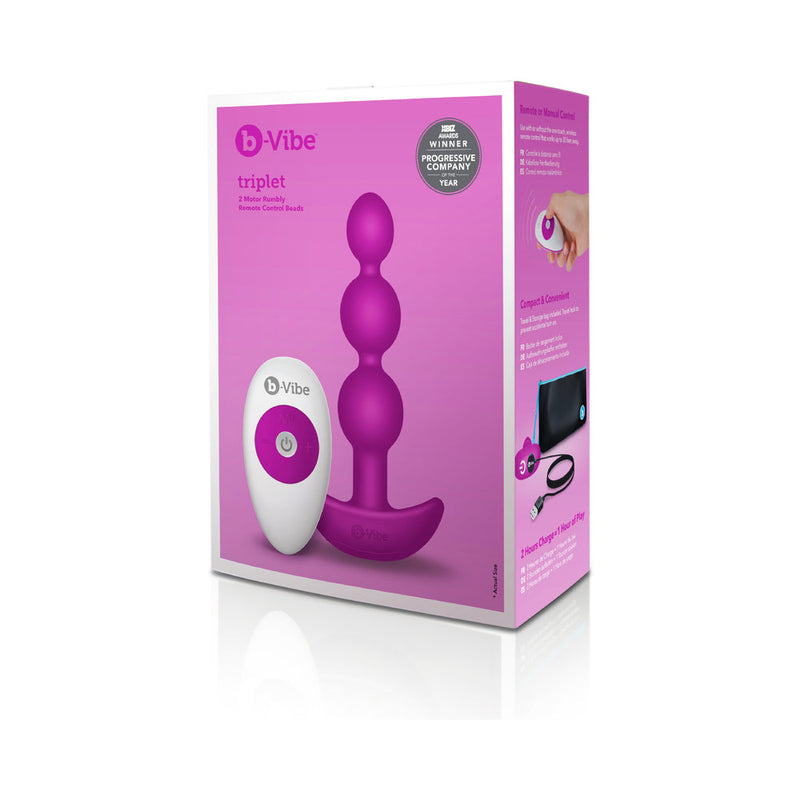 b-Vibe Triplet Rechargeable Remote-Controlled Vibrating Anal Beads Plug Fuchsia