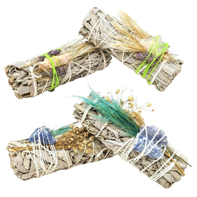 White Sage Floral Smudge Stick & Crystal Stone Bundle | 4"