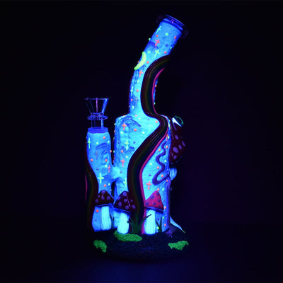 Wide Eyed Shroom And Smoking Skeleton Glow In Dark Water Pipe - 9.5" / 14mm F - Headshop.com