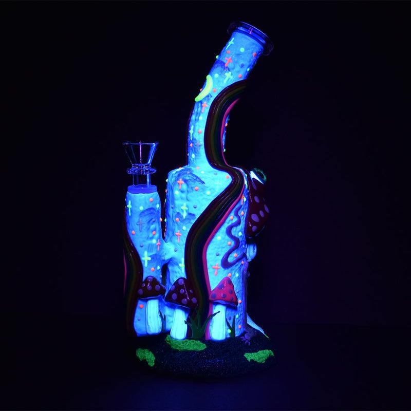 Wide Eyed Shroom And Smoking Skeleton Glow In Dark Water Pipe - 9.5" / 14mm F - Headshop.com