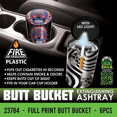 Smokezilla Full Print Butt Bucket LED Light Ashtray - 4" / 6ct - Headshop.com