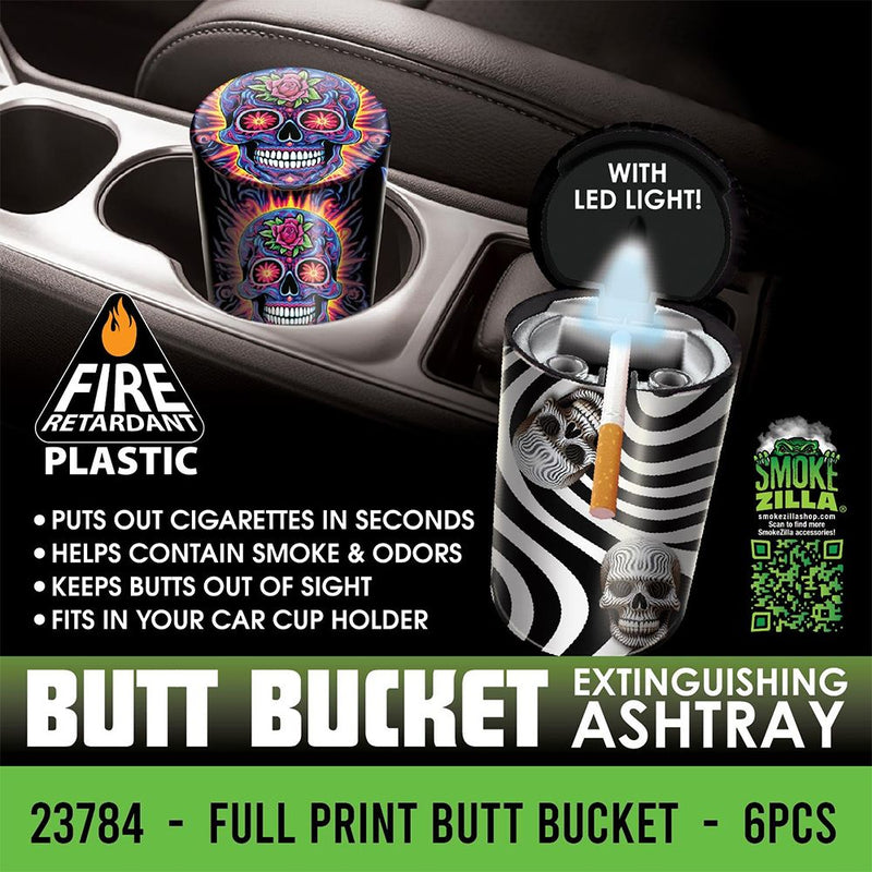 Smokezilla Full Print Butt Bucket LED Light Ashtray - 4" / 6ct - Headshop.com