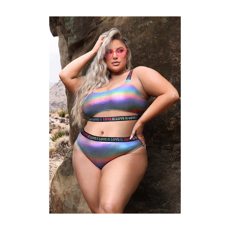 Fantasy Lingerie Vibes Love is Love Underboob Cutout Top & Cheeky Panty Rainbow Holo Queen Size - Headshop.com