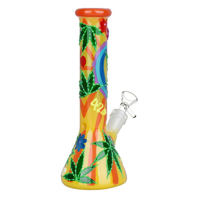 420 Hemp Leaf Glow In The Dark Beaker Glass Water Pipe - 9.25" / 14mm F - Headshop.com