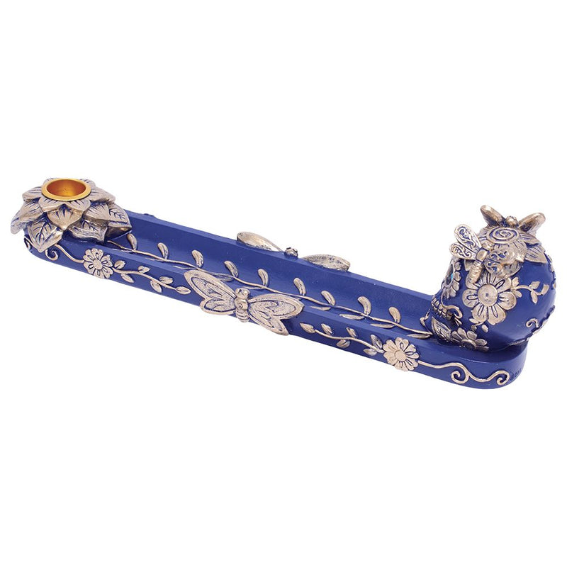 Fujima Golden Blue Skull & Butterfly Stick & Cone Polyresin Incense Burner - 11" - Headshop.com