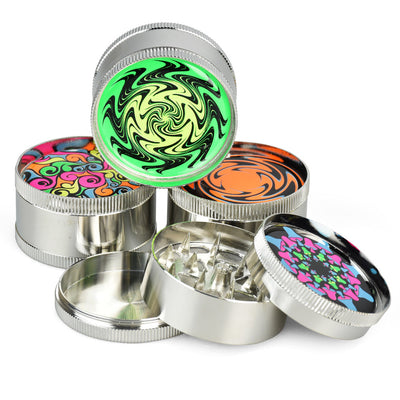 12PC DISP - 2" Metal 3pc Grinder w/ Black Light Designs - Headshop.com