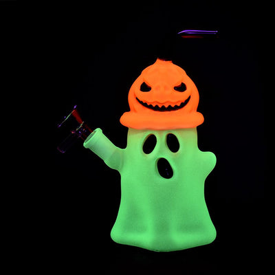 Pumpkin Head Ghost Glow In The Dark Glass Water Pipe - 7.25" / 14mm F / Colors Vary