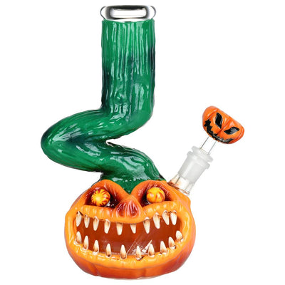 Bent Neck Scary Pumpkin Enamel On Glass Water Pipe - 10" / 14mm F - Headshop.com