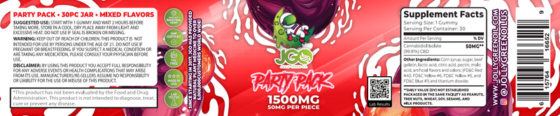 JGO CBD Party Pack Gummies, 1500 mg, 30 ct (THC FREE) - Headshop.com