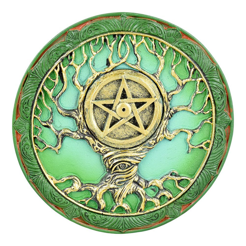 Tree of Life Pentagram Polyresin Round Incense Burner - 4.75"